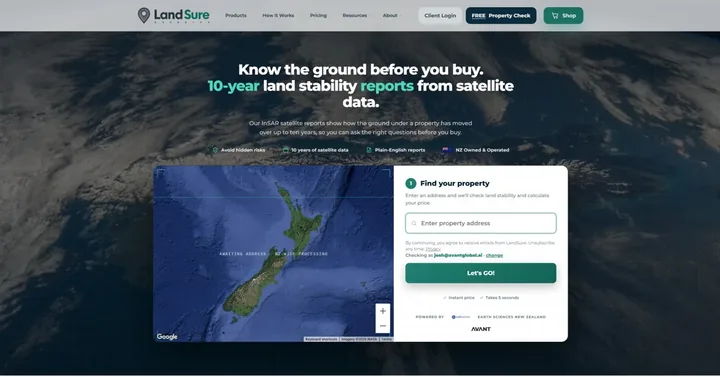 LandSure free property check page: a map of New Zealand beside a Find your property address box