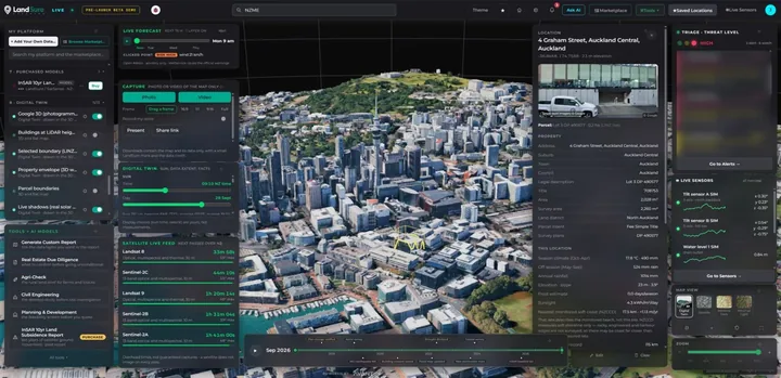 LandSure LIVE 3D digital twin of central Auckland, with property details for a selected building