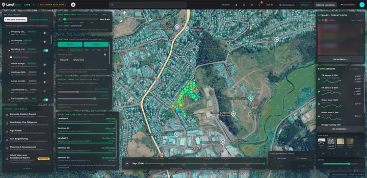 LandSure LIVE map of Whangārei with coloured satellite ground-movement points over aerial imagery