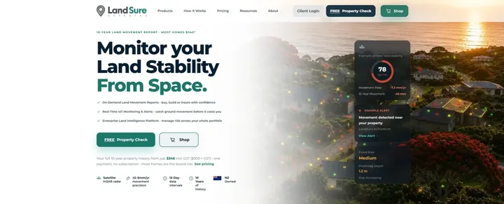 LandSure website home page with the heading Monitor your land stability from space, and free property check and shop buttons